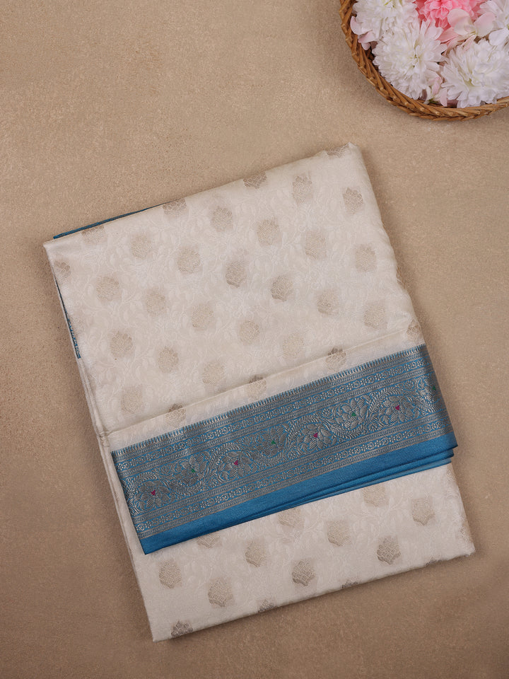 Ivory Floral Woven Banarasi Silk Saree - Diadem