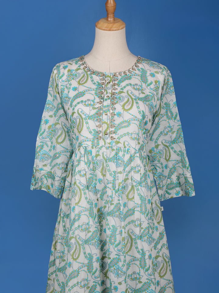 Ivory Floral Designed Cotton Kurti - Diadem