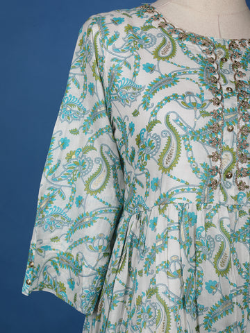 Ivory Floral Designed Cotton Kurti - Diadem