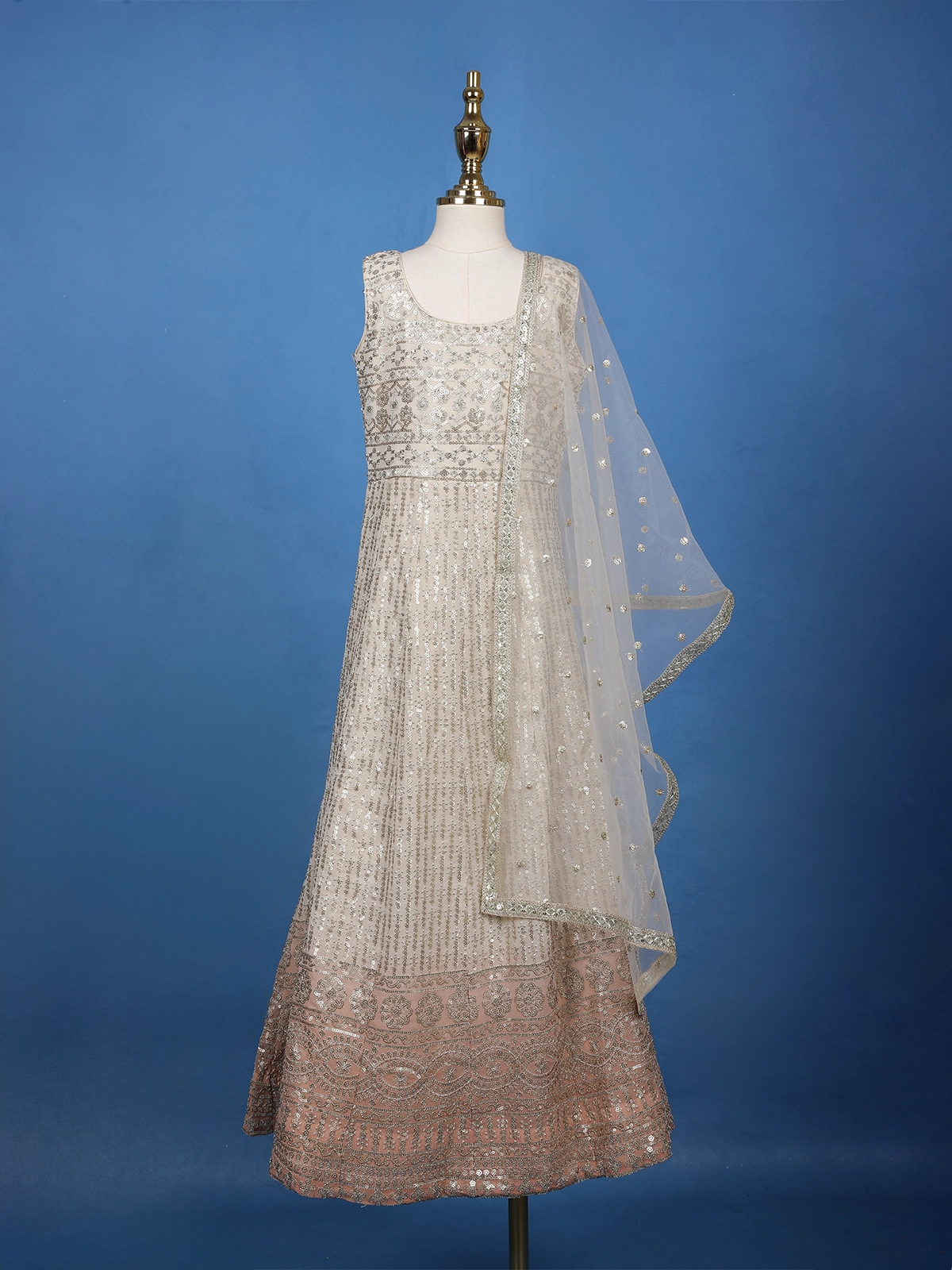 Ivory Floral Designed Sequins Banarasi Gown - Diadem