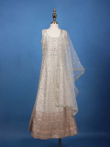 Ivory Floral Designed Sequins Banarasi Gown - Diadem
