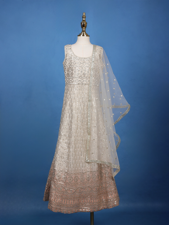 Ivory Floral Designed Sequins Banarasi Gown - Diadem