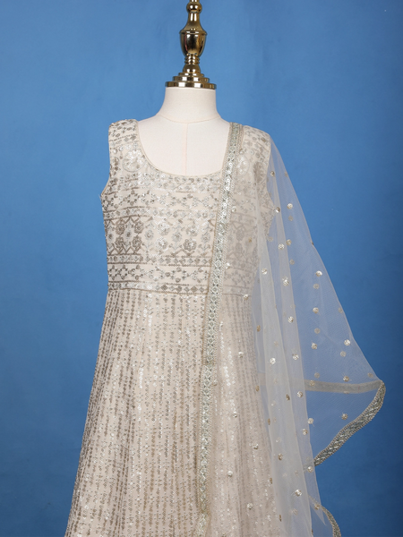 Ivory Floral Designed Sequins Banarasi Gown - Diadem