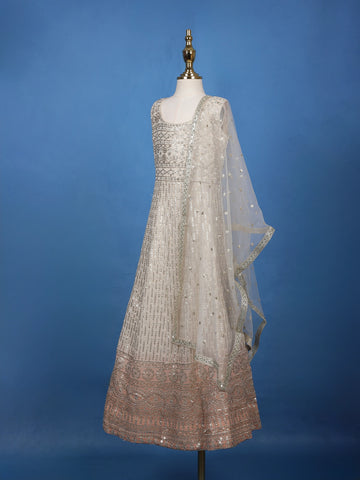Ivory Floral Designed Sequins Banarasi Gown - Diadem