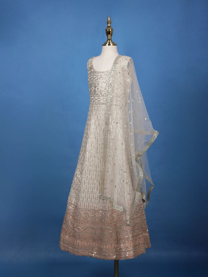 Ivory Floral Designed Sequins Banarasi Gown - Diadem