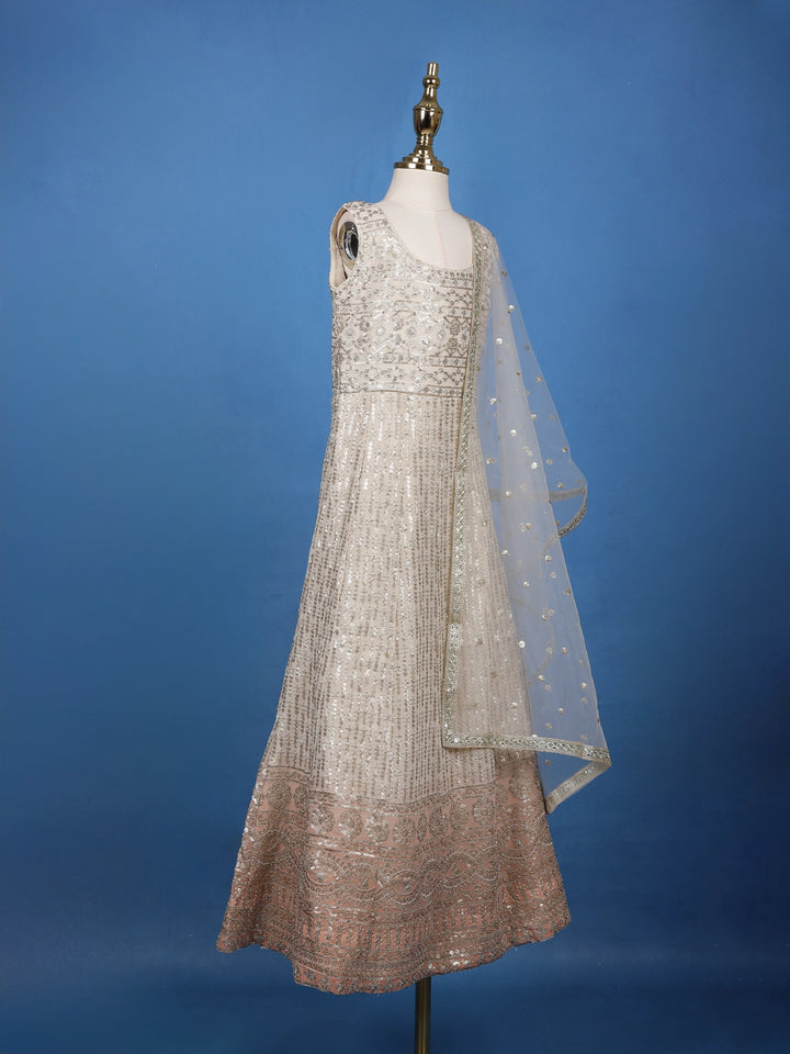Ivory Floral Designed Sequins Banarasi Gown - Diadem