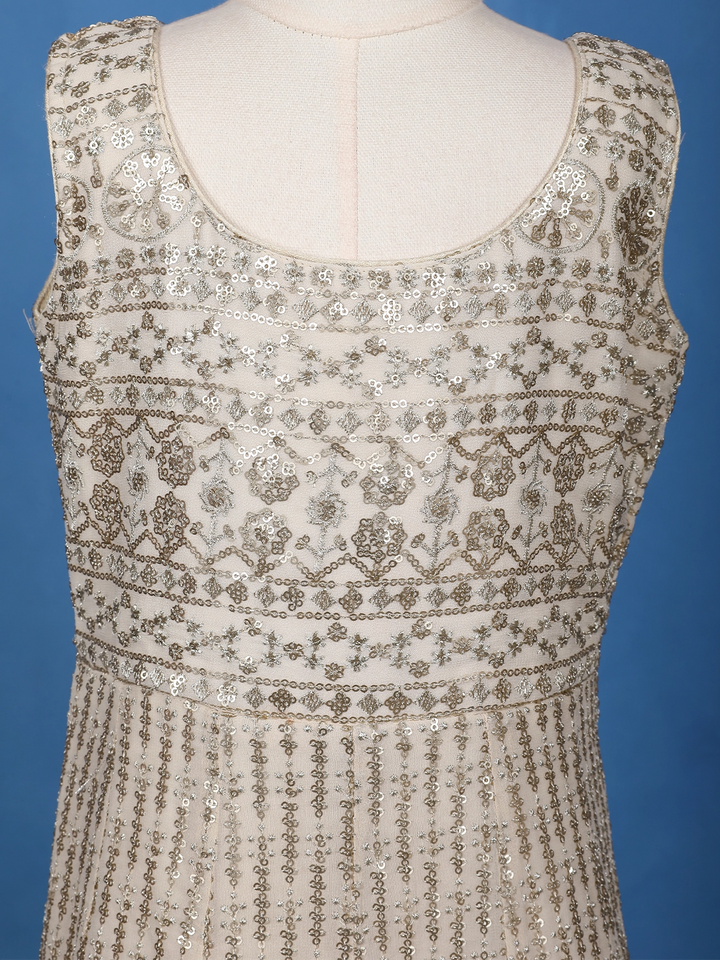 Ivory Floral Designed Sequins Banarasi Gown - Diadem