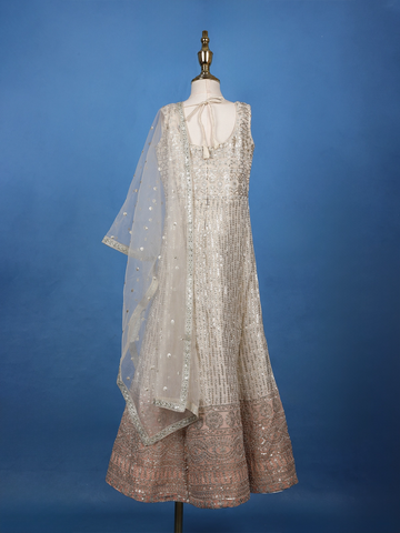 Ivory Floral Designed Sequins Banarasi Gown - Diadem