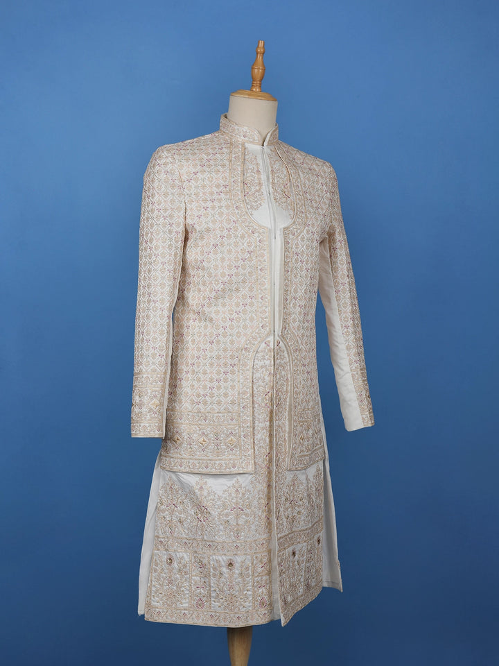 Ivory Floral Designed Sherwani Suit for Reception - Diadem