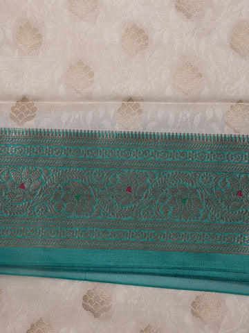 Ivory Floral Designed Woven Banarasi Silk Saree - Diadem