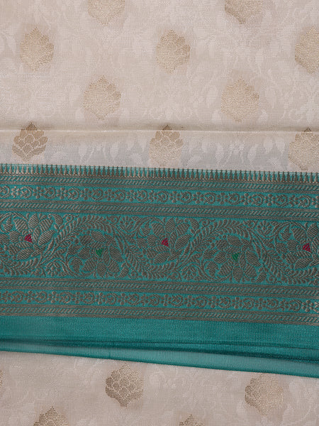 Ivory Floral Designed Woven Banarasi Silk Saree - Diadem