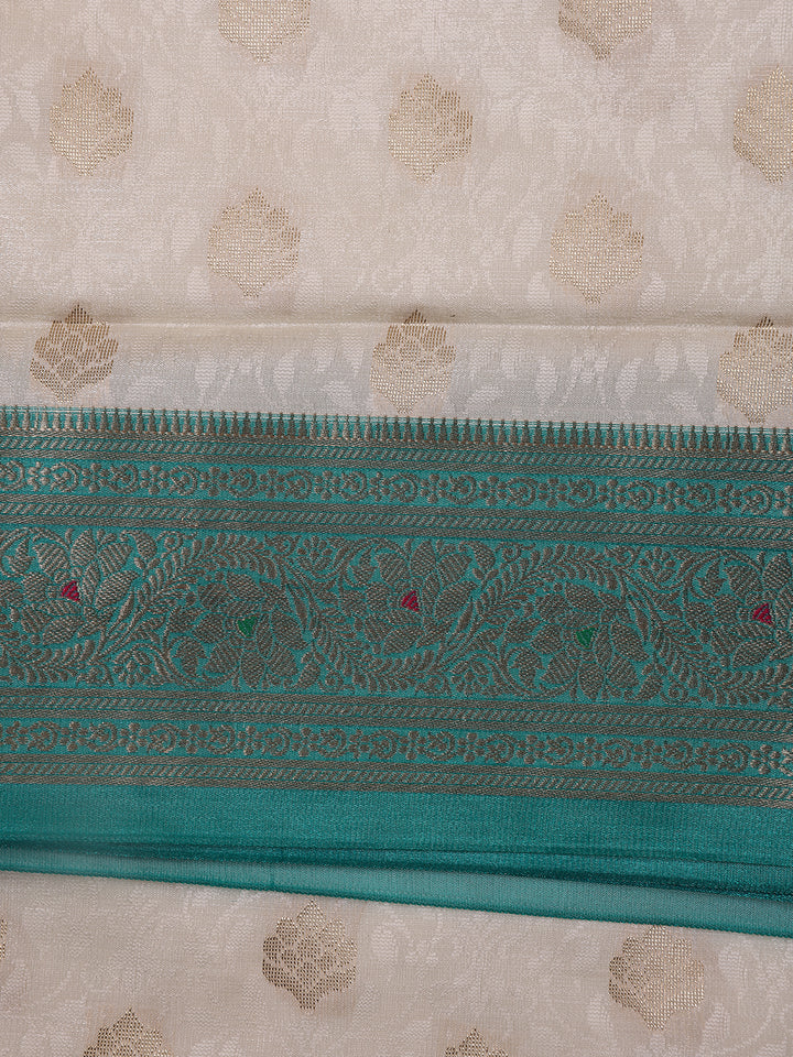 Ivory Floral Designed Woven Banarasi Silk Saree - Diadem
