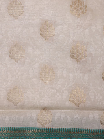 Ivory Floral Designed Woven Banarasi Silk Saree - Diadem