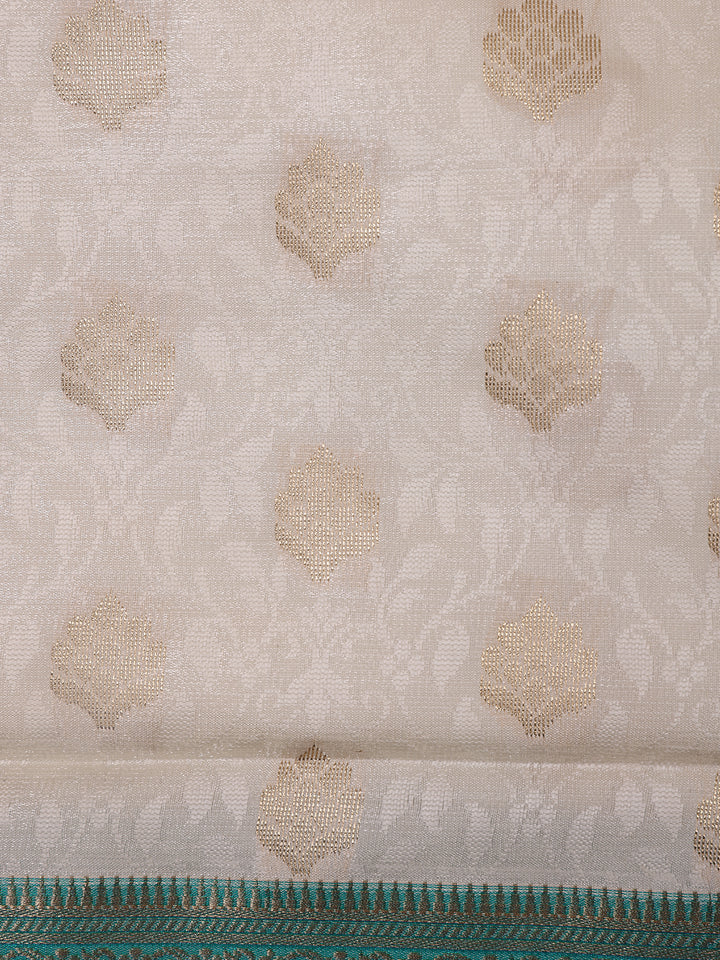 Ivory Floral Designed Woven Banarasi Silk Saree - Diadem