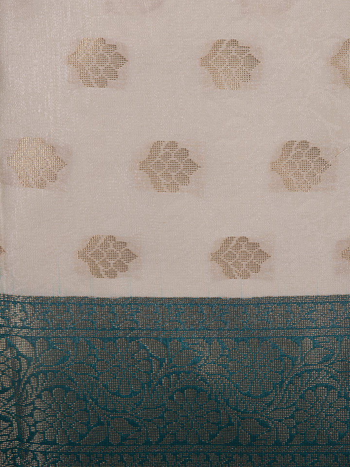 Ivory Floral Designed Woven Banarasi Silk Saree - Diadem