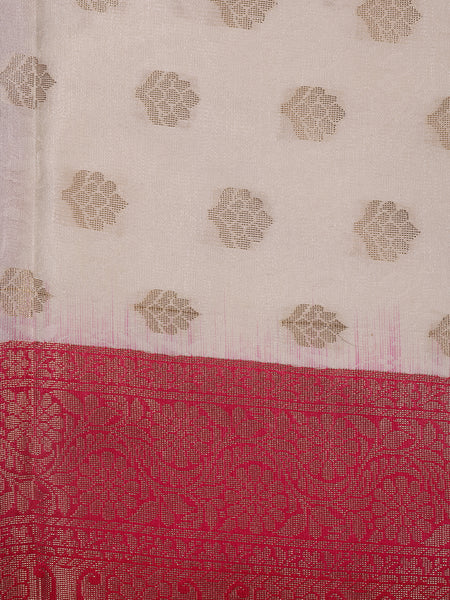 Ivory Floral Designed Woven Banarasi Silk Saree - Diadem