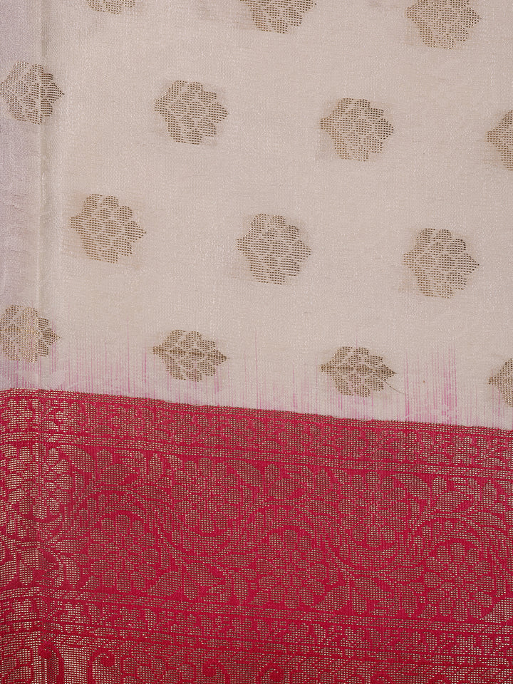 Ivory Floral Designed Woven Banarasi Silk Saree - Diadem