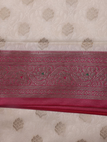 Ivory Floral Designed Woven Banarasi Silk Saree - Diadem