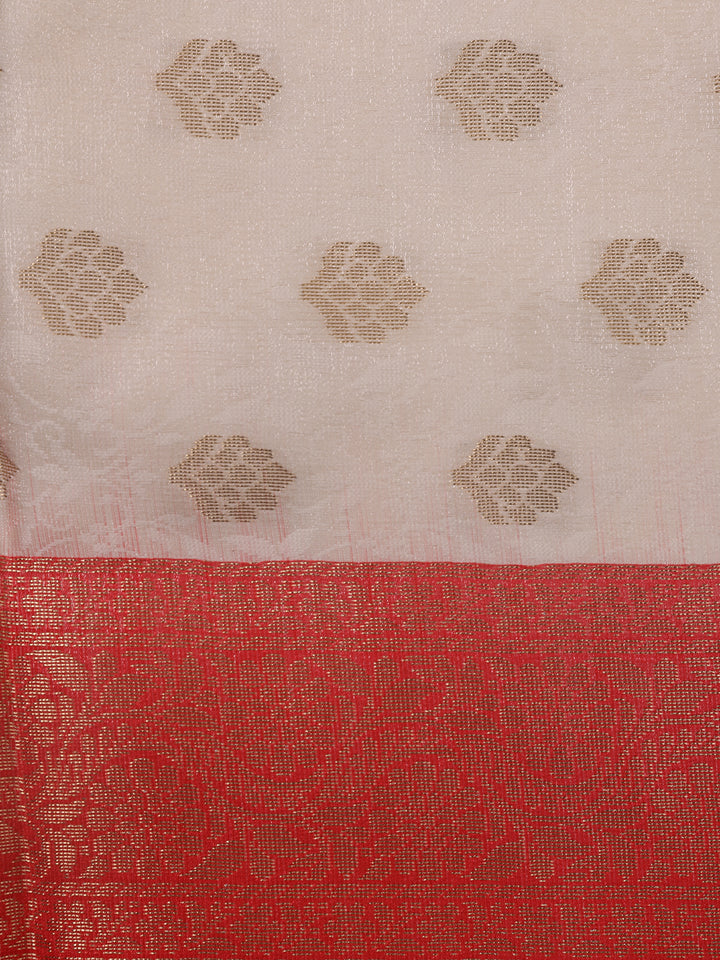Ivory Floral Woven Banarasi Silk Saree - Diadem