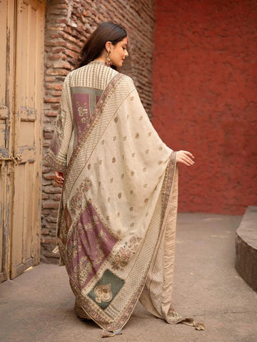 Ivory Floral Embroidered Crepe Palazzo Salwar Suit - Diadem