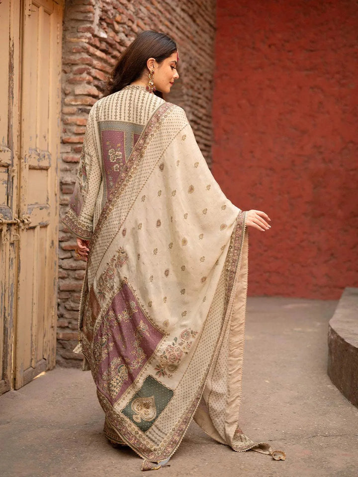 Ivory Floral Embroidered Crepe Palazzo Salwar Suit - Diadem