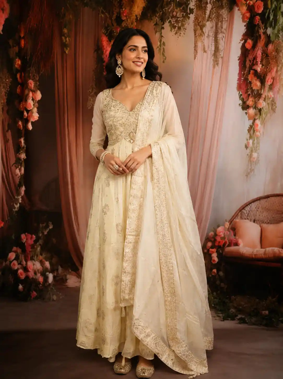 Ivory Floral Embroidered Design Tissue Silk Palazzo Suit with Dupatta