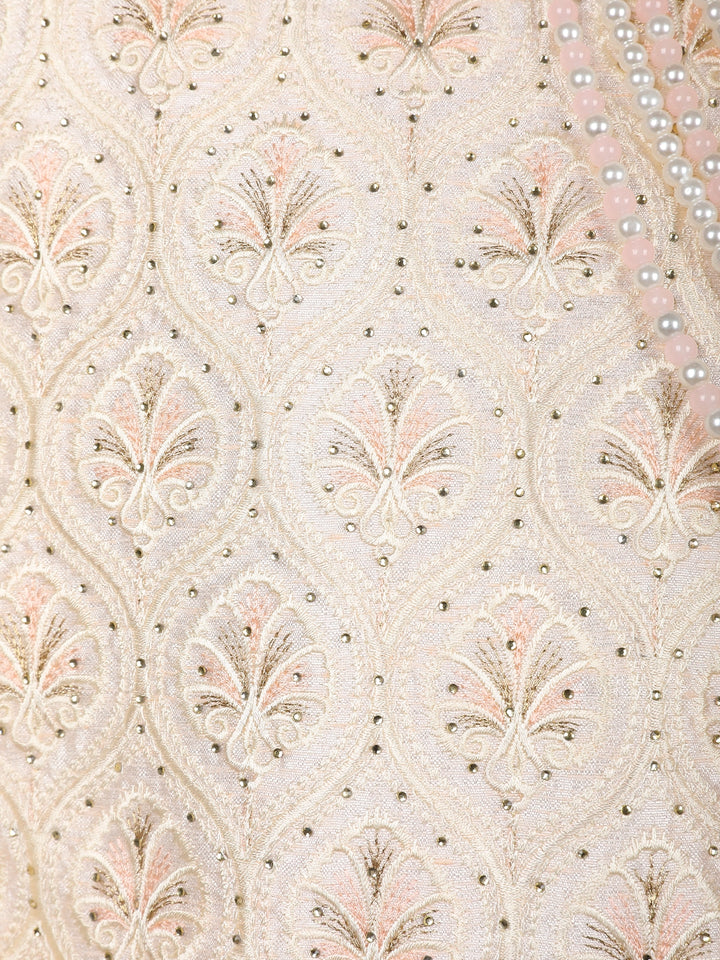 Ivory Floral Embroidered Jacquard Sherwani Suit with Dupatta & Brooch Detailing - Diadem