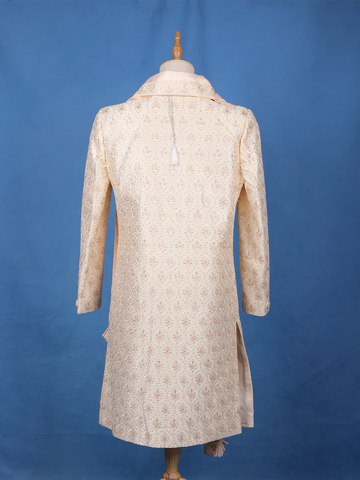 Ivory Floral Embroidered Jacquard Sherwani Suit with Dupatta & Brooch Detailing - Diadem