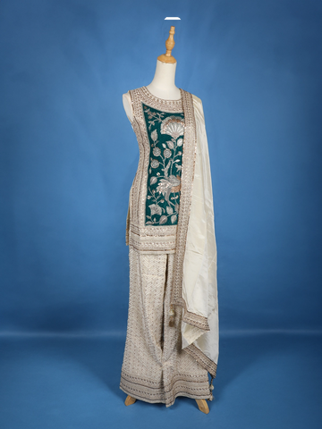 Ivory Floral Green Embroidery Tissue Silk Palazzo Salwar Suit - Diadem