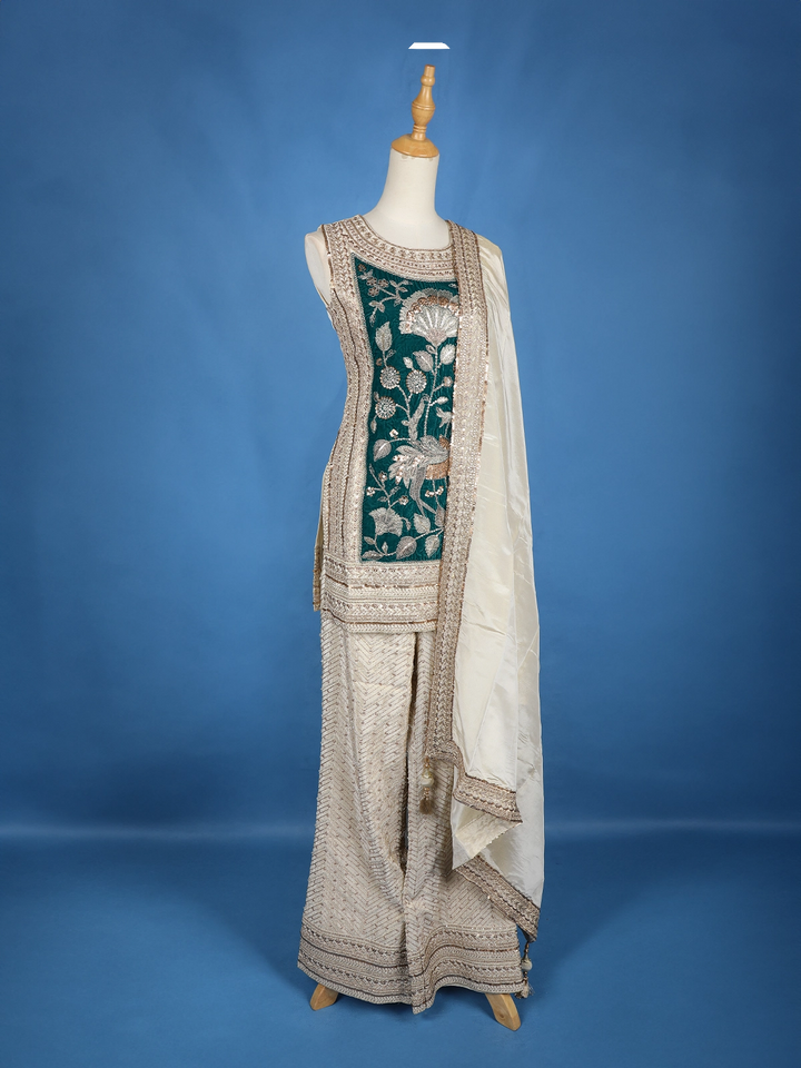 Ivory Floral Green Embroidery Tissue Silk Palazzo Salwar Suit - Diadem