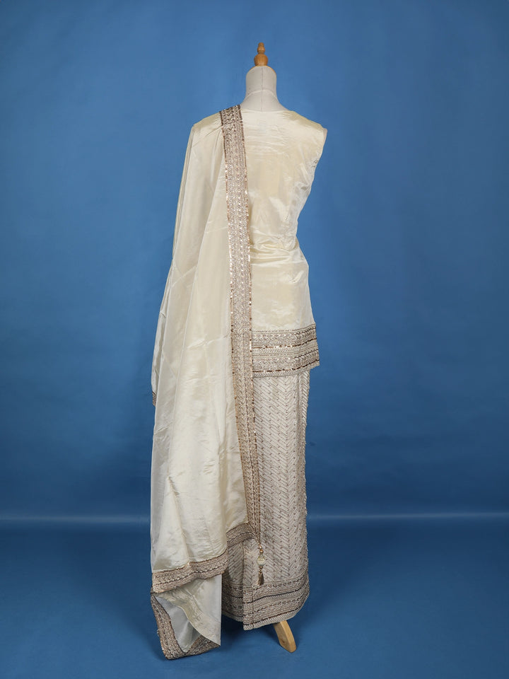 Ivory Floral Green Embroidery Tissue Silk Palazzo Salwar Suit - Diadem