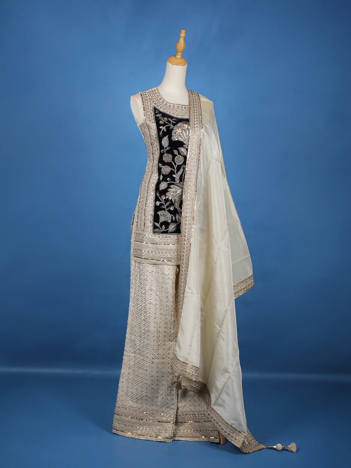 Ivory Floral Embroidery Tissue Silk Palazzo Salwar Suit - Diadem