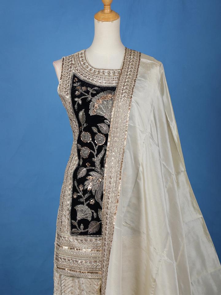 Ivory Floral Embroidery Tissue Silk Palazzo Salwar Suit - Diadem