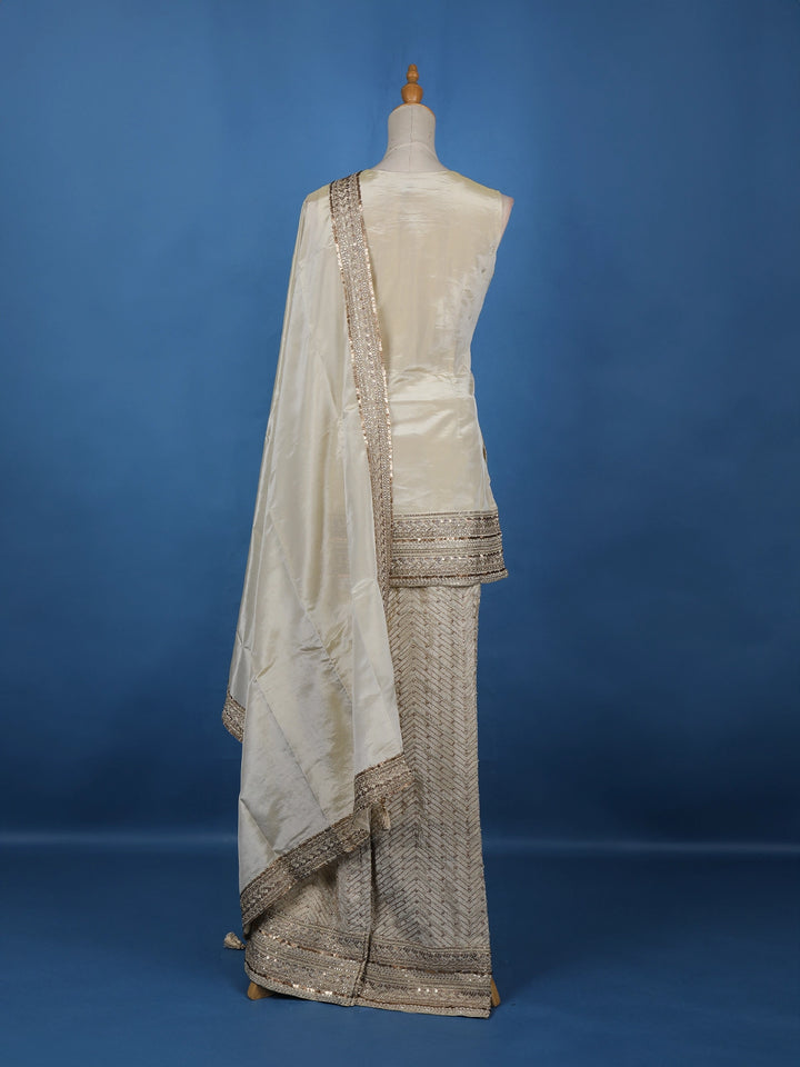 Ivory Floral Embroidery Tissue Silk Palazzo Salwar Suit - Diadem