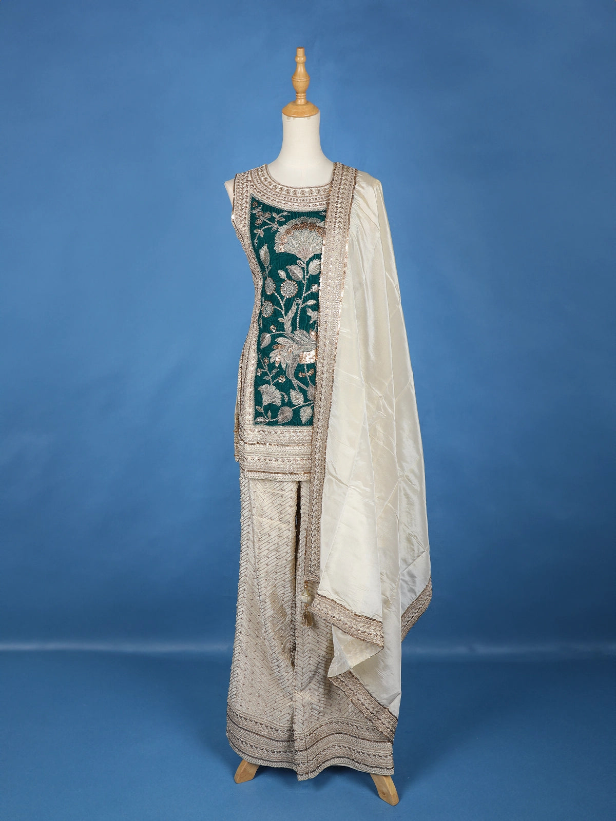 Ivory Floral Green Embroidery Tissue Silk Palazzo Salwar Suit - Diadem