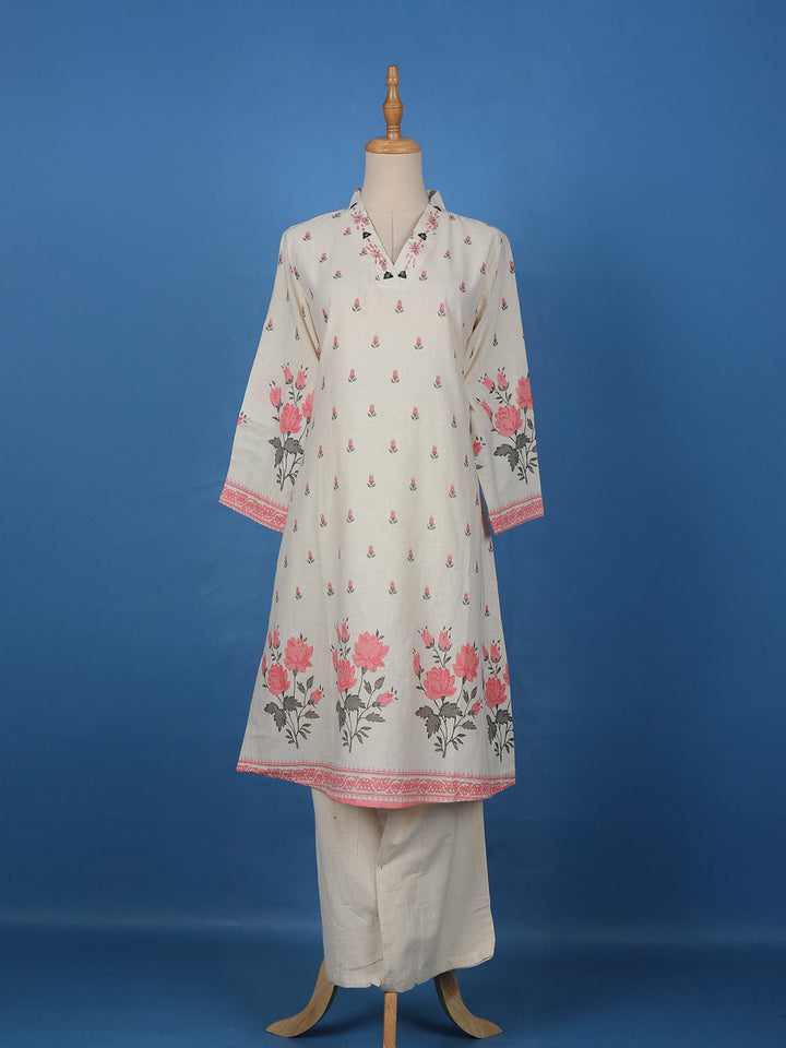 Ivory Floral Printed Cotton Palazzo Salwar Suit - Diadem