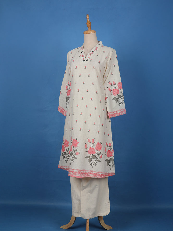 Ivory Floral Printed Cotton Palazzo Salwar Suit - Diadem