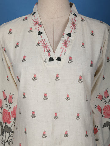 Ivory Floral Printed Cotton Palazzo Salwar Suit - Diadem