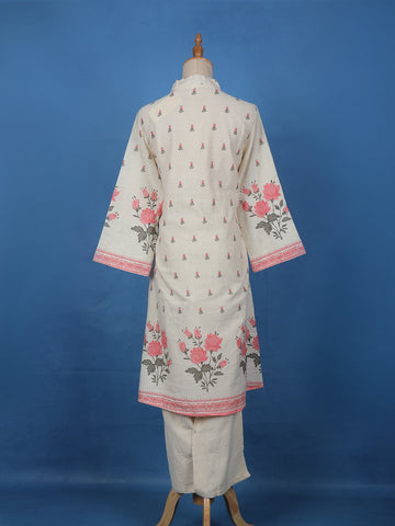 Ivory Floral Printed Cotton Palazzo Salwar Suit - Diadem