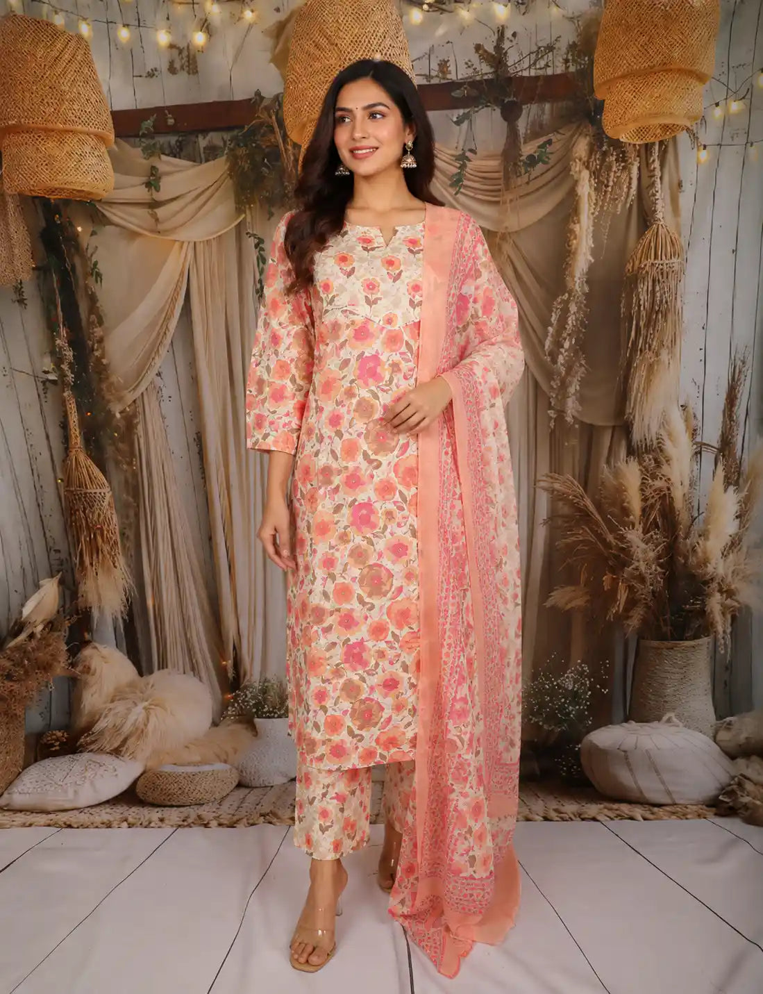 Ivory Floral Printed Cotton Salwar Suit with Dupatta