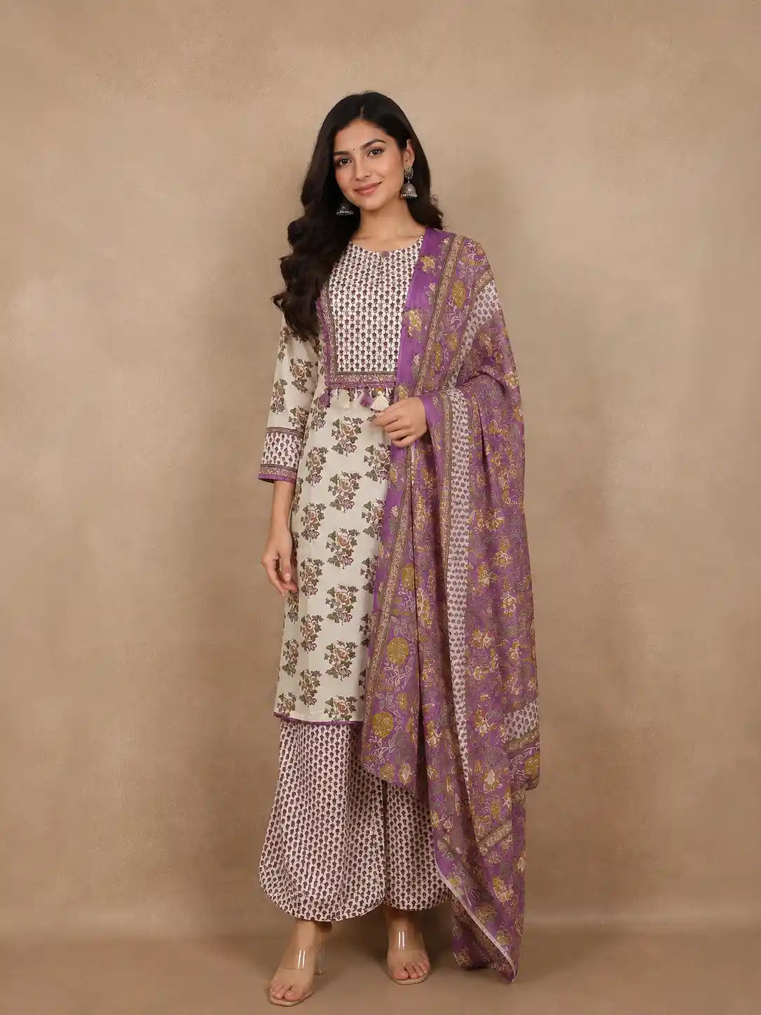 Ivory Floral Printed Design Cotton Straight Cut Salwar Suit