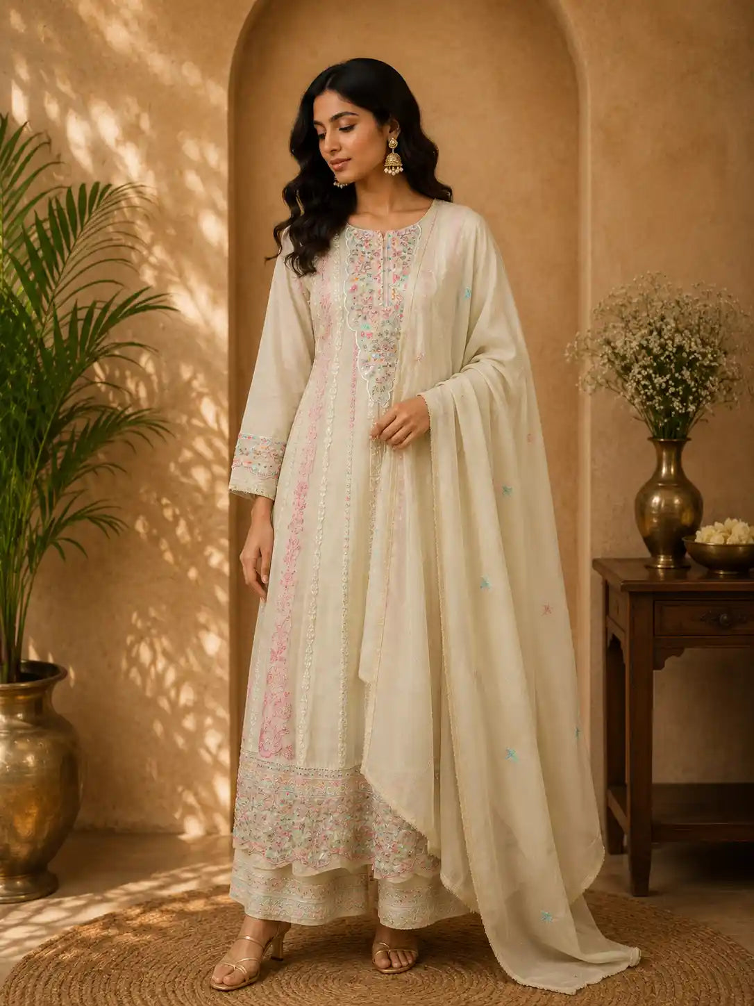 Ivory Floral Thread Embroidered Design Cotton Straight Cut Salwar Suit with Dupatta