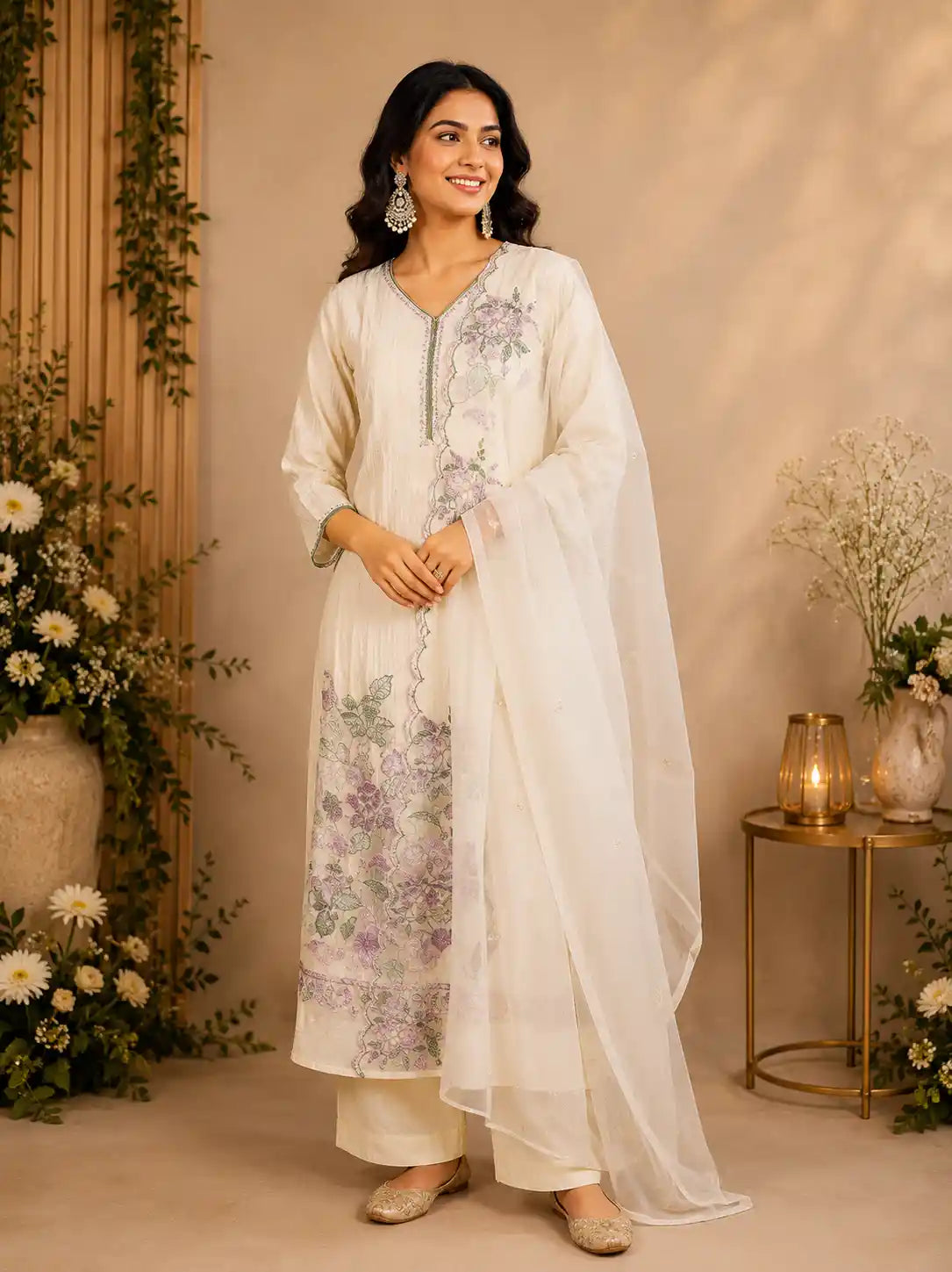 Ivory Floral Thread Embroidered Design Silk Straight Cut Salwar Suit with Sheer Dupatta