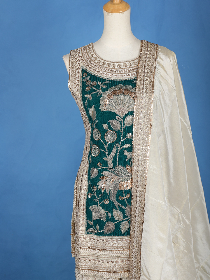 Ivory Floral Green Embroidery Tissue Silk Palazzo Salwar Suit - Diadem