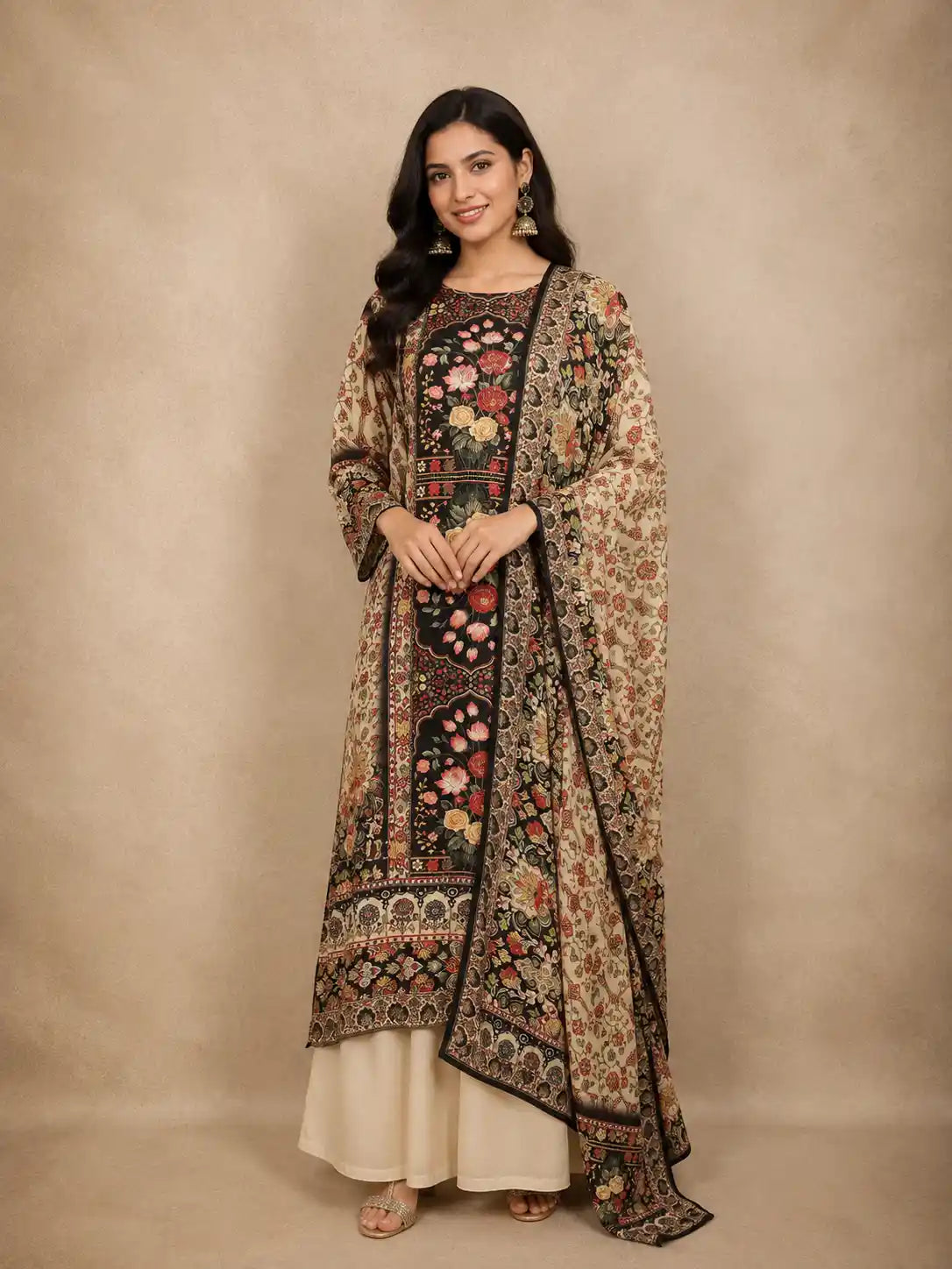 Ivory Kashmiri Floral Printed Design Crepe Straight Cut Salwar Suit with Dupatta