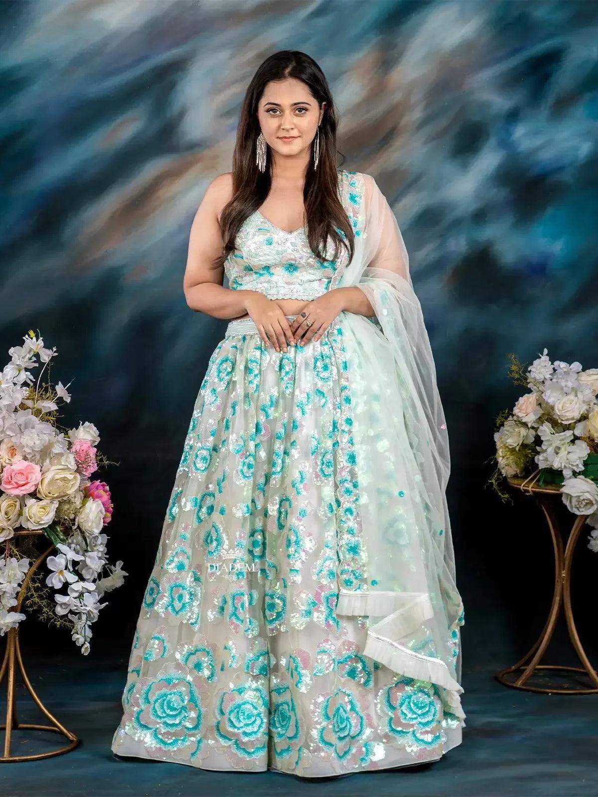 Ivory Net Lehenga Embellished with Floral Sequins and Beads with Dupatta - Diadem