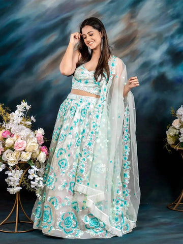Ivory Net Lehenga Embellished with Floral Sequins and Beads with Dupatta - Diadem