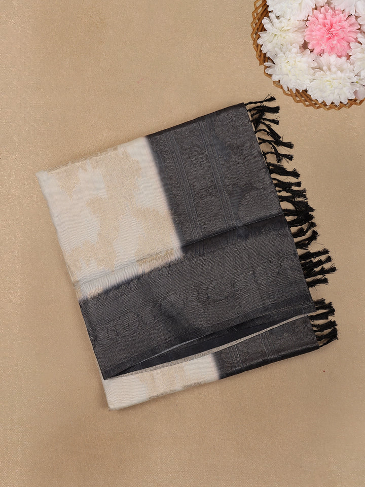 Ivory White with Black Shaded Border Fancy Kerala Silk Saree - Diadem
