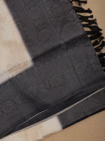 Ivory White with Black Shaded Border Fancy Kerala Silk Saree - Diadem