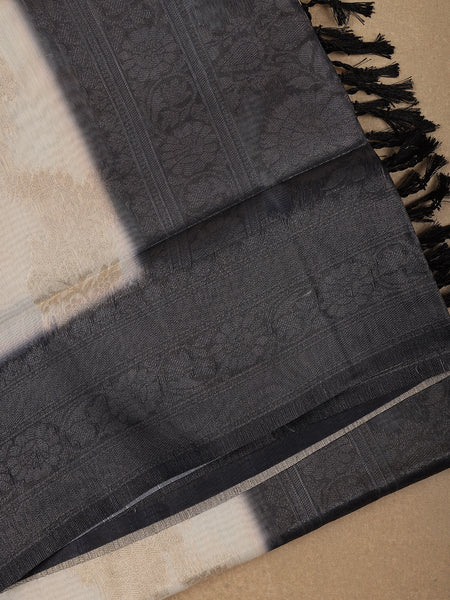Ivory White with Black Shaded Border Fancy Kerala Silk Saree - Diadem
